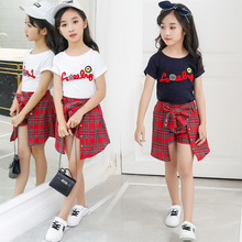 Kids Girls White Naby Blue Clothing Sets Letter T-Shirt + Plaid Bow Skirt Two-piece Set Child Teen Girls 4 6 8 10 12 Clothes Set 2024 - buy cheap