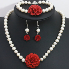Natural freshwater white pearl beads 8-9mm necklace bracelet earrings set cinnabar flower pendant jewelry 18inch/7.5inch B1421 2024 - buy cheap