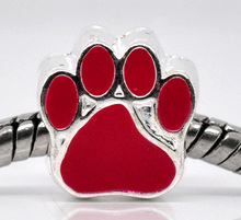 DoreenBeads European Charm Beads Bear's paw Red silver color Bear paw printEnamel About 11mmx11mm,Hole: Approx 5mm,1 Piece 2024 - buy cheap