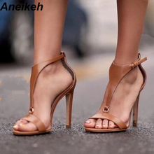 Aneikeh Pumps Brown T Strap Stiletto Heels Open Toe Sandals for Women Summer Buckle Strap Gladiator Sandals High Heels Shoe 2024 - buy cheap