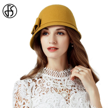 Chapéus fs de lã, chapéus elegantes vintage para mulheres, aba larga, amarelo, preto, chapéu tipo fedora com laço 2024 - compre barato