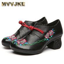 MVVJKE  National Wind Flower High Heels Genuine Leather Pumps Female Shoes Vintage Embroidery Chinese Wind Mother Shoes E019 2024 - buy cheap