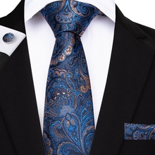 2019 DiBanGu Luxury Blue Yellow Floral Tie 100% Silk Necktie Hanky Cufflinks Tie for Men Business Wedding Party Tie Set MJ-7108 2024 - buy cheap