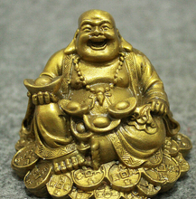 zhaomeirui16++Chinese Brass Buddhism Wealth Coin YuanBao Happy Laughing Maitreya Buddha Statue 2024 - buy cheap