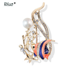 Enamel Tropical Fish pearl Brooches Gold Coral grass Rhinestone Animal brooch Suit Corsage Women Men shirt sweater coat pin 2024 - buy cheap
