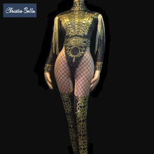 Macacão feminino dourado cristal borla, esticável skinny strass body discoteca dançarino roupa para performance em palco 2024 - compre barato