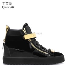 Qianruiti Fashion Black Patchwork Men Casual Shoes Lace Up Gold Metal Decorated Sneaker Side Zipper Heel Flat Leisure Men Shoes 2024 - buy cheap