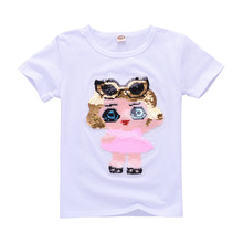 Camiseta de Color a la moda para niñas, Tops de manga corta con lentejuelas y tapa, camisetas de algodón con dibujos animados para niñas de 4 a 11 años, 2019 2024 - compra barato