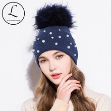 GZHILOVINGL Brand Women Winter Skullies Beanie Hat Rabbit Wool Knitted Hat With Real Fur Pom Pom Rhinestone Pearl Hats For Women 2024 - buy cheap
