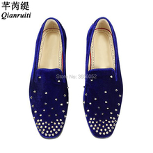 Qianruiti Chaussure Homme Royal Blue Black Velvet Loafers Slip On Mens Shoes Casual Flats Metal Studded Male Footwear Large Size 2024 - buy cheap