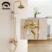 Solid Brass Double Handles Bathroom Mixer Tap Tub Swivel Spout Hand Shower Shower Faucet Gold Polished 2024 - buy cheap