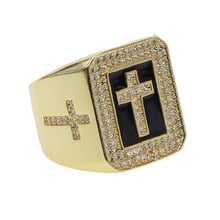 Iced out bling cz cross black enamel gold filled hip hop bling men boy cool finger engagement ring 2024 - buy cheap