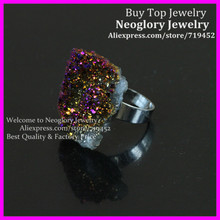 5pcs Purple Rainbow Titanium Quartz Druzy Ring Silver Bezel Ring Unique Semi Precious Crystal Quartz Ring Gems Drusy Glass Ring 2024 - buy cheap
