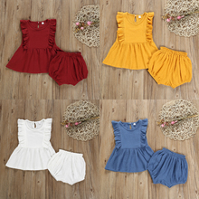 Conjunto de roupas femininas para bebês recém-nascidas, 2 peças, cor sólida, vestido plissado sem mangas + shorts, princesa, roupas de criança 2024 - compre barato