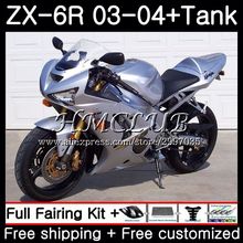 + Бак для KAWASAKI NINJA ZX600 ZX636 ZX-6R 2003 2004 56HC. 2 ZX 636 6 R 600CC ZX-636 глянцевый серебристый ZX6R 03 04 ZX 6R 03 04 обтекатель 2024 - купить недорого