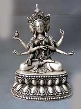 Free Shipping  China Silver buddhism fine Feng Shui lucky 3 head 8 arm buddha sculpture Statue 2024 - buy cheap