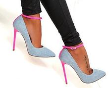 Denim Blue High Heel Shoes Sexy Pointed toe Ankle Strap Woman Pumps 2018 Newest Pink Stiletto Heel Dress Shoes 2024 - buy cheap