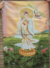 36 inch China Silk embroidery Guanyin Send Boy Stand Lotus Phoenix Thangka Painting Mural 2024 - buy cheap