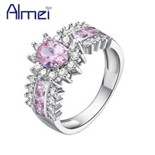 Almei One Piece Silver Color Ring Pink Green Zircon Anel Women Wedding Set Rings Jewelry Vintage Oval Stone Mariage Gifts J558 2024 - buy cheap