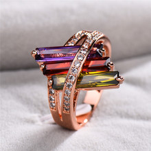 Boho feminino roxo vermelho oliva verde anel bonito rosa ouro cristal arco-íris zircão anel de pedra promessa anéis de noivado para mulher 2024 - compre barato