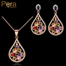 Pera, Элегантный женский ювелирный набор золотого цвета, фиолетовый, красный, розовый, CZ Кристалл, камень, большая капля воды, кулон, ожерелье и серьги J018 2024 - купить недорого