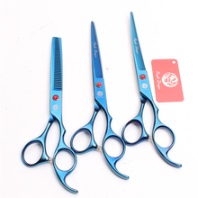 Z3003 3 Pcs Set 7 ''Azul Japão Tesouras Tesouras De Corte + Tesoura Diluindo + UP Curva de Aço Profissional Animais de Estimação tesouras do cabelo Terno 2024 - compre barato