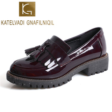 KATELVADI/Универсальная женская обувь; японская школьная форма; Студенческая обувь из лакированной искусственной кожи на высоком блочном каблуке; Лоферы винно-красного цвета; K-476 2024 - купить недорого