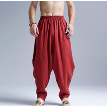 Men High quality Casual Pants Linen Trousers Hip Hop Harem Pants Loose Baggy Elastic Waist Tappered Joggers Wide Leg 2024 - buy cheap