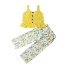 Летние комплекты одежды для маленьких девочек, желтые топы без рукавов с оборками на бретельках, длинные штаны, костюмы, пляжный костюм 2024 - купить недорого