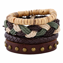 DIY Handmade Woven 4 Pcs/Set Reviets Charm Beads Vintage Punk Brown Leather Women Bracelets Men Homme Femme Jewelry Accessories 2024 - buy cheap