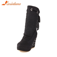 KARINLUNA 2019 New Ladies Wedges High Heels Solid Platfotm Shoes For Woman Casual Winter Mid-Calf Boots Black Big Size 34-43 2024 - buy cheap
