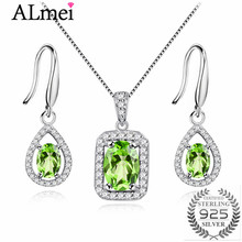 Almei Natural Gemstone Green Peridot Hook Earrings Women Halo Pendant Necklace Pure Silver 925 Fine Jewelry Sets with Box FT001 2024 - buy cheap