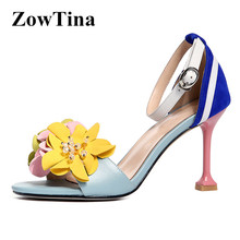 Sandália feminina gladiadora com tiras de tornozelo, sapatos altos finos florais 3d, com contas de cristal, chaussure 2024 - compre barato
