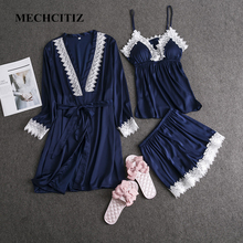 MECHCITIZ-Conjunto de pijama de seda para mujer, ropa de dormir de 3 piezas, albornoz y pantalón corto, ropa de dormir de encaje, traje de casa 2024 - compra barato