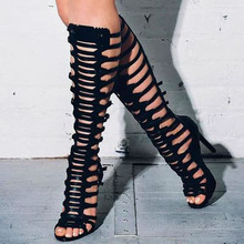 Summer Sexy Women Crossed Leather Strappy Knee High Boots Hollow out Peep toe Thin High Heels Gladiator Women Long Sandals Boots 2024 - buy cheap