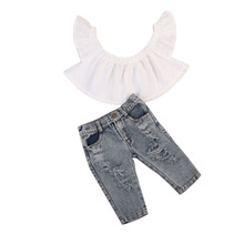 Infant Kd Baby Girls Clothing Ser Off Shoulder Tops +Hold Denim Pants Jeans Outfits Clothes Playsuit 2024 - buy cheap