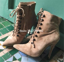 Botines de estilo clásico para mujer, botas cortas de tacón fino de ante con punta puntiaguda, botines de tacón alto con cordones 2024 - compra barato