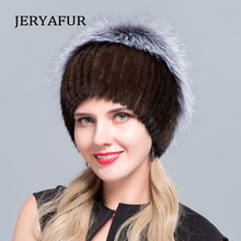 JERYAFUR-Sombrero de piel de visón para mujer, gorro de punto con bola de piel de zorro plateado, gorro de esquí de viaje para invierno 2024 - compra barato