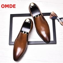 OMDE Italy Style Brown Genuine Leather Pointed Toe Loafers Men Dress Shoes Slip On Casual Shoes Mens Party And Wedding Shoes 2024 - buy cheap