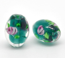 DoreenBeads Glass Beads Barrel Malachite green Flower Pattern Dyed About 14mm(4/8")x 10mm(3/8"),Hole: Approx 1.6mm,3 PCs 2024 - buy cheap