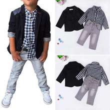 3pcs/set Summer Baby Boys Dress Suits Clothes For Gentleman Boys Children Shirts Pants Kids Suit Jacket + Plaid Shirt + Jeans 2024 - buy cheap