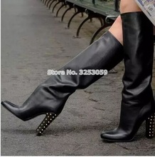 ALMUDENA-Botas altas de tacón grueso hasta la rodilla para mujer, zapatos de vestir decorados con pinchos, color negro Borgoña dorado 2024 - compra barato