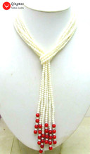 Qingmos 45 "натуральный коралловый платок длинное ожерелье для женщин с 3 нитями 4 мм круглый белый и красный коралл ожерелье ювелирные изделия Бесплатная доставка 2023 - купить недорого