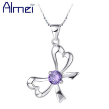 Almei 2017 Butterfly Bowknot Pendants&Necklaces Jewelry Sliver Color Purple Stone Pendant Statement Necklace Children Gifts N168 2024 - buy cheap