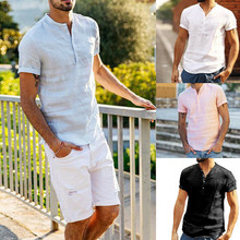Camisa de linho de verão camisas de manga curta dos homens respiram camisas tamanho europeu magro camisas de fitness de alta qualidade sólidos camisetas 2024 - compre barato