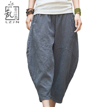 LZJN-pantalones Capri holgados para mujer, pantalón de lino de retazos, bombachos de cintura elástica, Hippie, bombachos holgados, verano 2019 2024 - compra barato