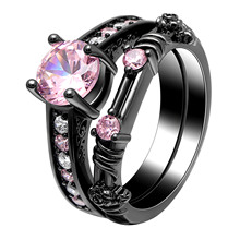 Conjunto de anel preto e rosa com zircônia cúbica, conjunto luxuoso de cores douradas na moda, para casamento e noivado, joias para mulheres 2024 - compre barato