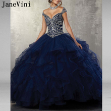JaneVini 2019 Elegant Navy Blue Quinceanera Dresses Ball Gowns V Neck Heavy Beads Ruffles Puffy Tulle Princess Gowns Vestidos 15 2024 - buy cheap