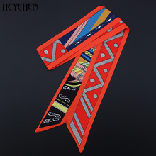 Роскошный брендовый узкий маленький саржевый шелковый шарф с геометрическим принтом, женский модный шарф с лентой и ручкой для волос и накидкой 2024 - купить недорого