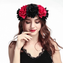 Tiara com flor de rosa, faixa de cabeça com flor vermelha, preta, floral, guirlanda feminina, acessórios de cabelo na testa, coroa de cabelo 2024 - compre barato